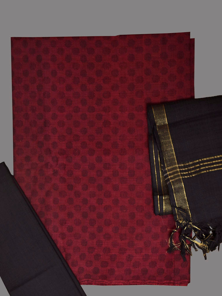Maroon and Black Mangalgiri Cotton Dress Material with Top Bottom and Strips Dupatta dm0102