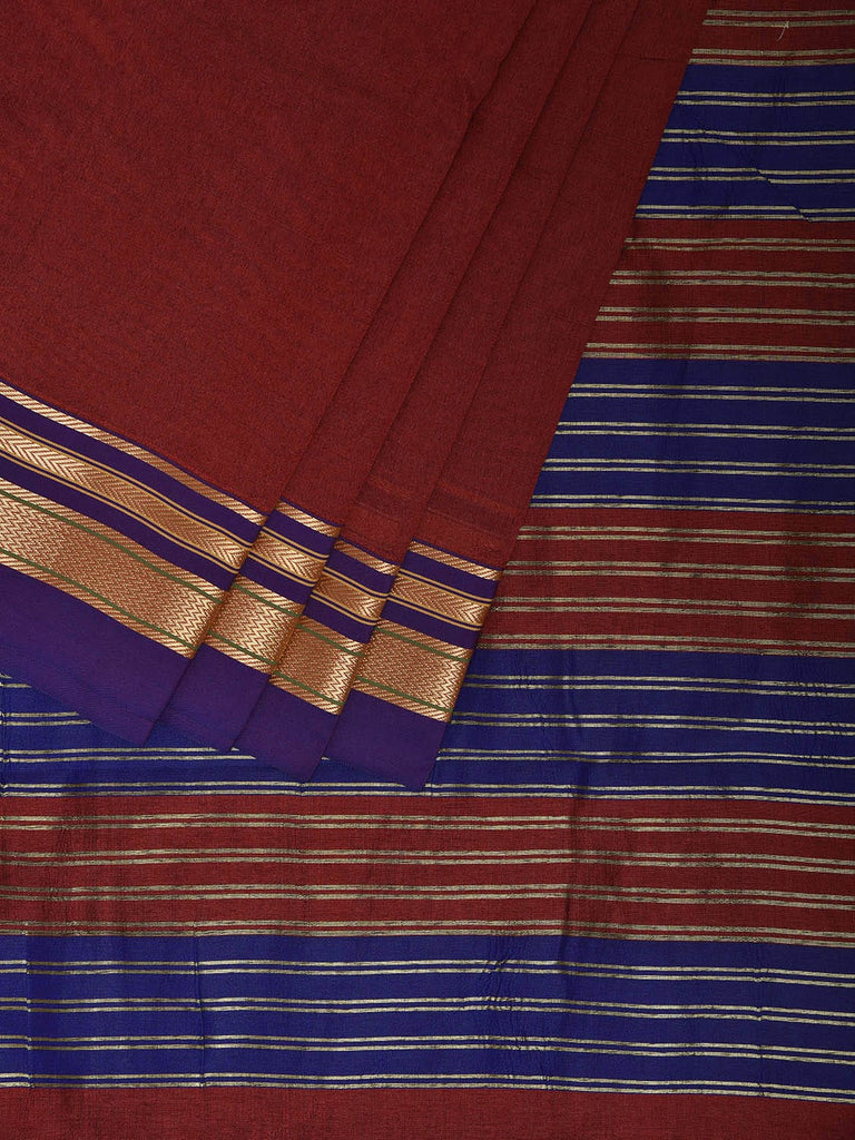 Maroon and Blue Bamboo Cotton Viscose Silk Plain Saree with Strips Pallu Design No Blouse bc0921