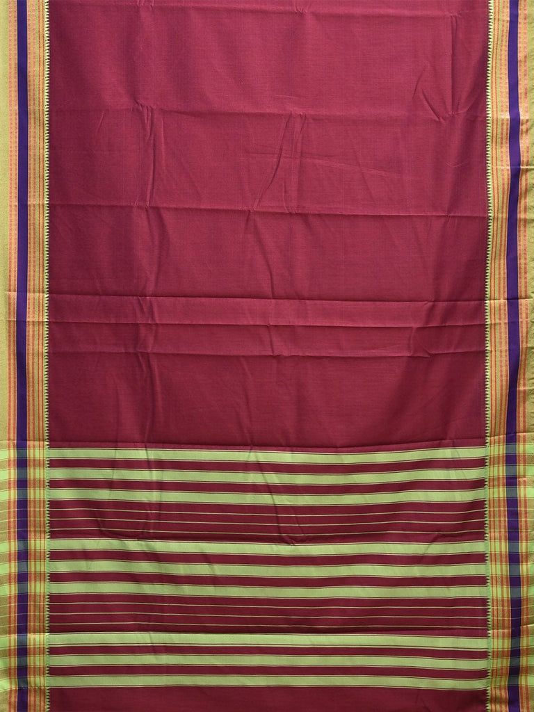 Maroon and Green Bamboo Cotton Plain Saree with Strips Pallu Design No Blouse bc0825