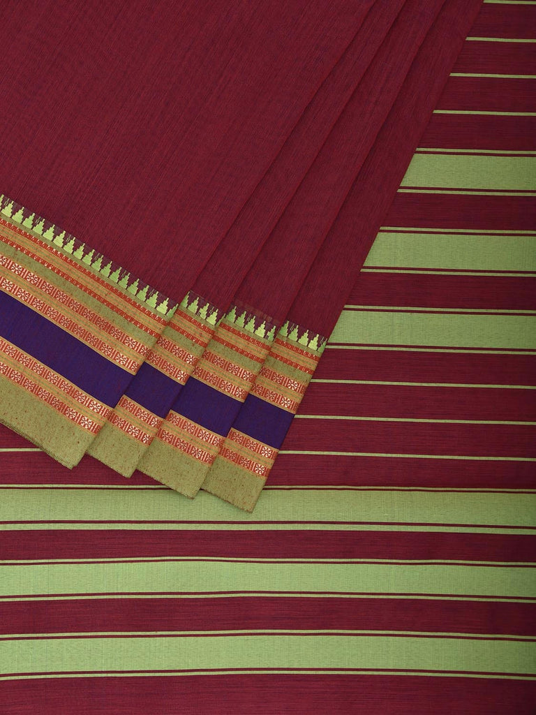 Maroon and Green Bamboo Cotton Plain Saree with Strips Pallu Design No Blouse bc0825