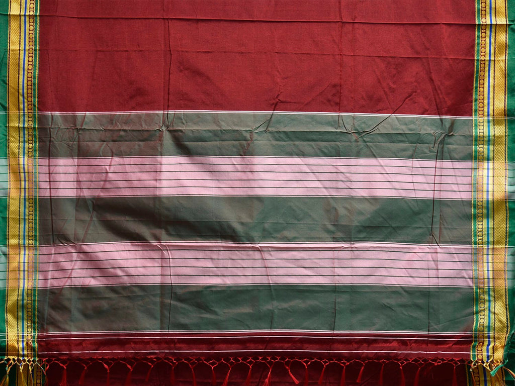 Maroon and Green ilkal Cotton Plain Saree with Strips Pallu Design No Blouse il0055