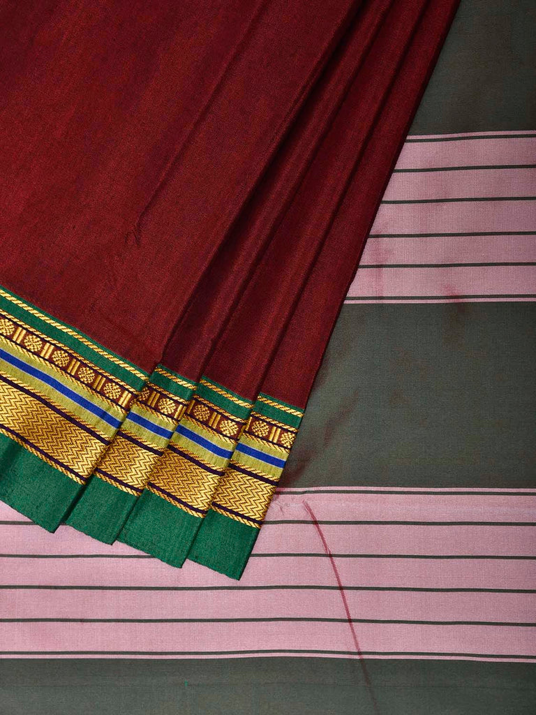 Maroon and Green ilkal Cotton Plain Saree with Strips Pallu Design No Blouse il0055