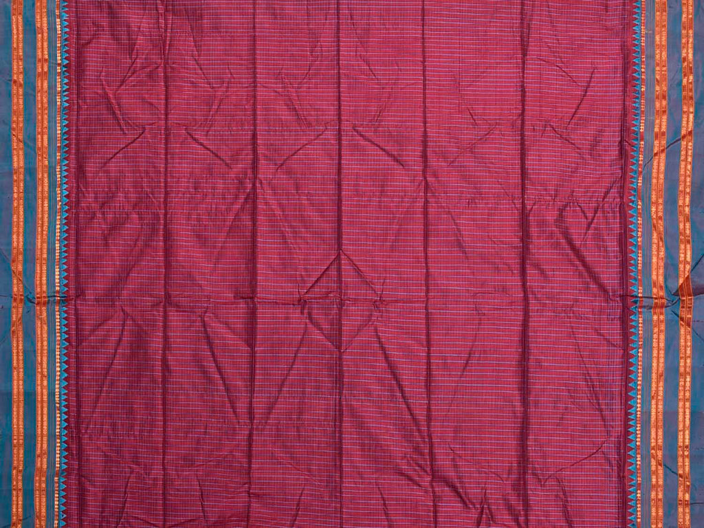 Maroon and Light Blue Narayanpet Silk Blouse with Checks Design Length 80cm Width 46 Inches BL0116