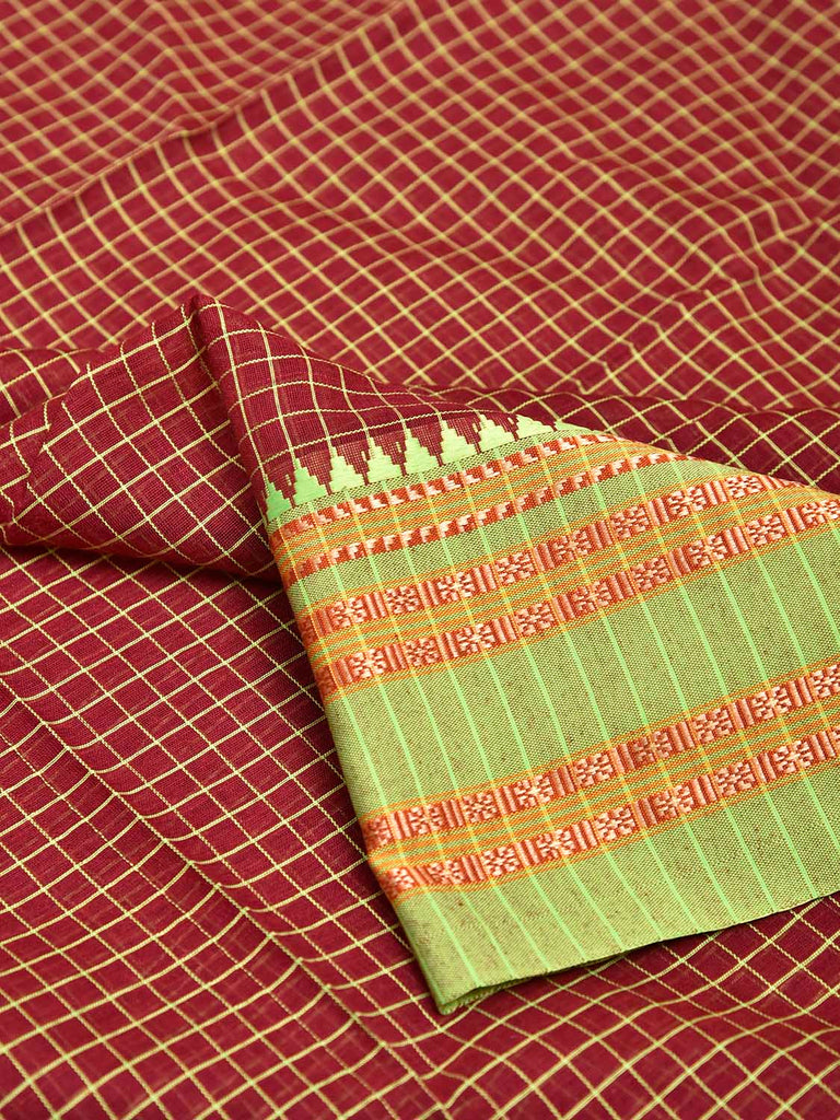 Maroon and Light Green Bamboo Cotton Blouse with Checks Design Length 80cm Width 44 Inches BL0079