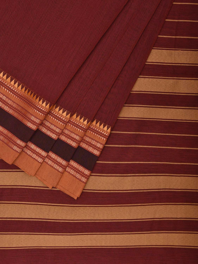 Maroon and Mustard Bamboo Cotton Plain Saree with Strips Pallu Design No Blouse bc0679