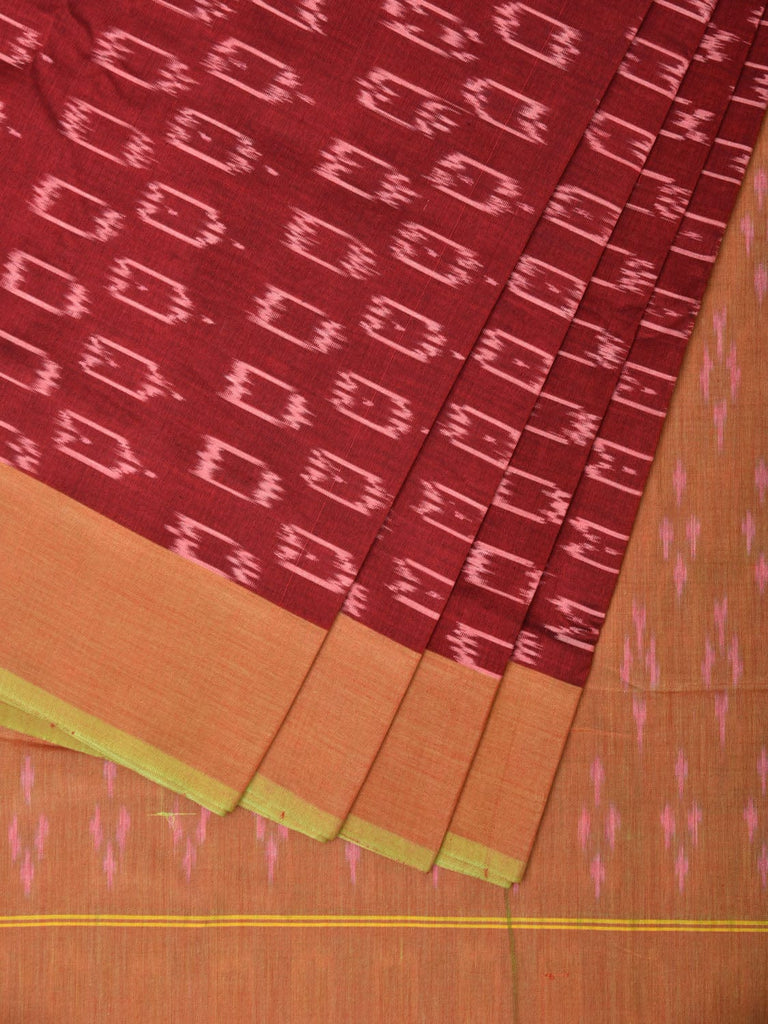 Maroon and Mustard Pochampally Ikat Cotton Handloom Saree with All Over Design No Blouse i0784