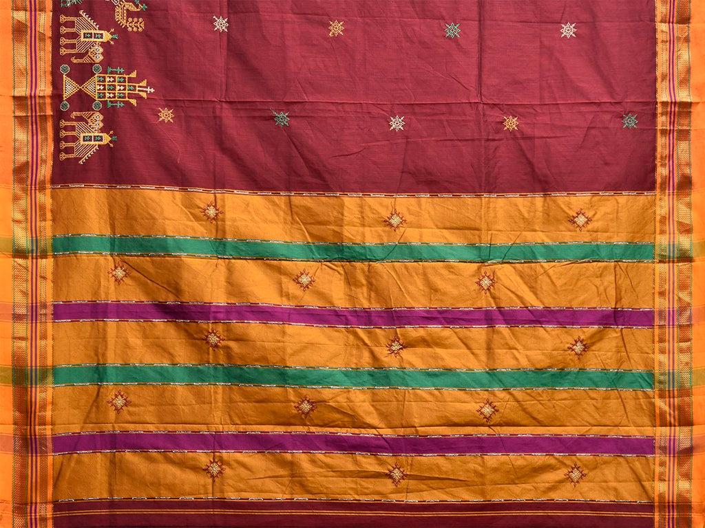 Maroon and Yellow Kasuti ilkal Viscose Saree with Body Buta and Elephant Border Design No Blouse ku0026
