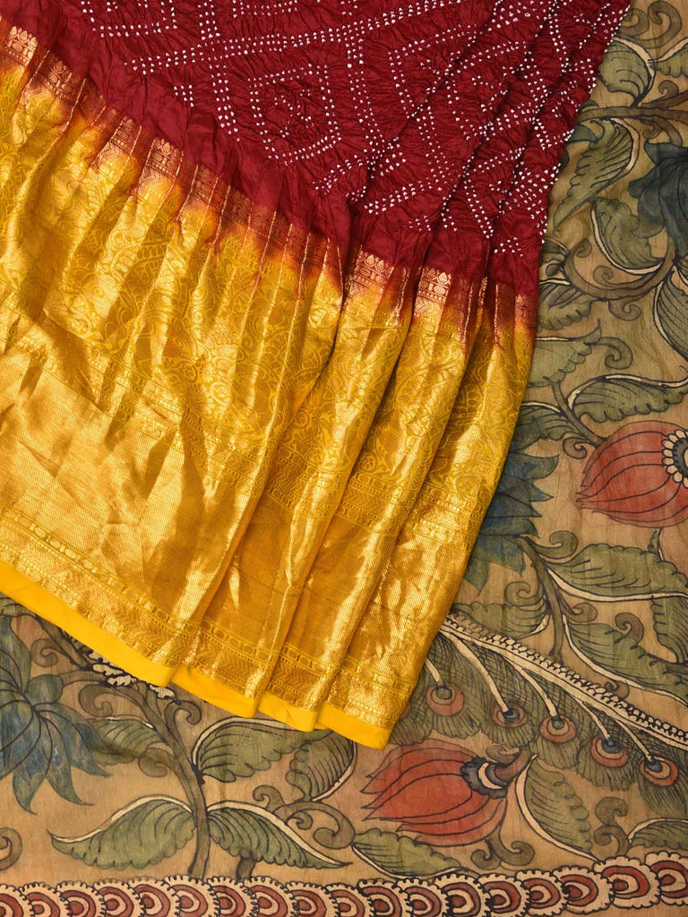 Maroon Bandhani Kanchipuram Silk Handloom Saree with Pallu and Blouse Kalamkari Design bn0484