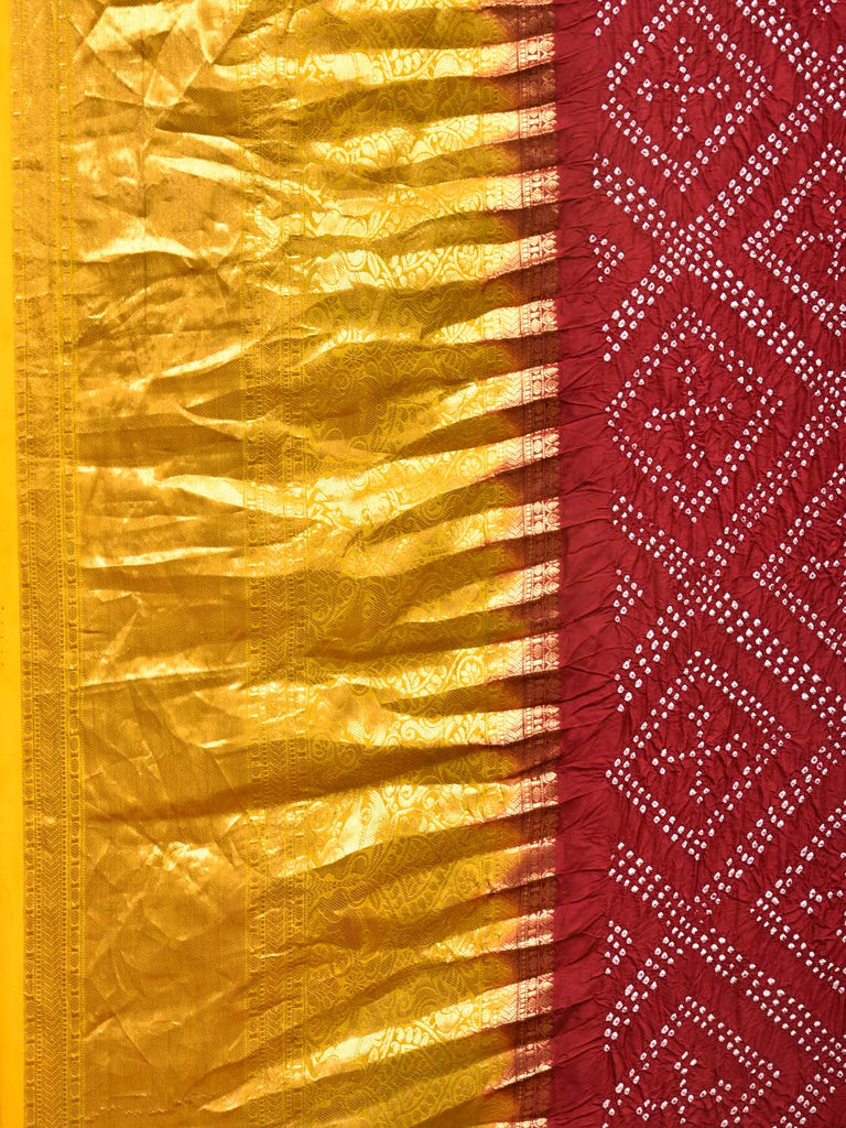 Maroon Bandhani Kanchipuram Silk Handloom Saree with Pallu and Blouse Kalamkari Design bn0484