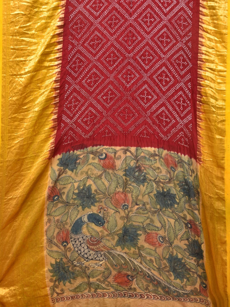 Maroon Bandhani Kanchipuram Silk Handloom Saree with Pallu and Blouse Kalamkari Design bn0484