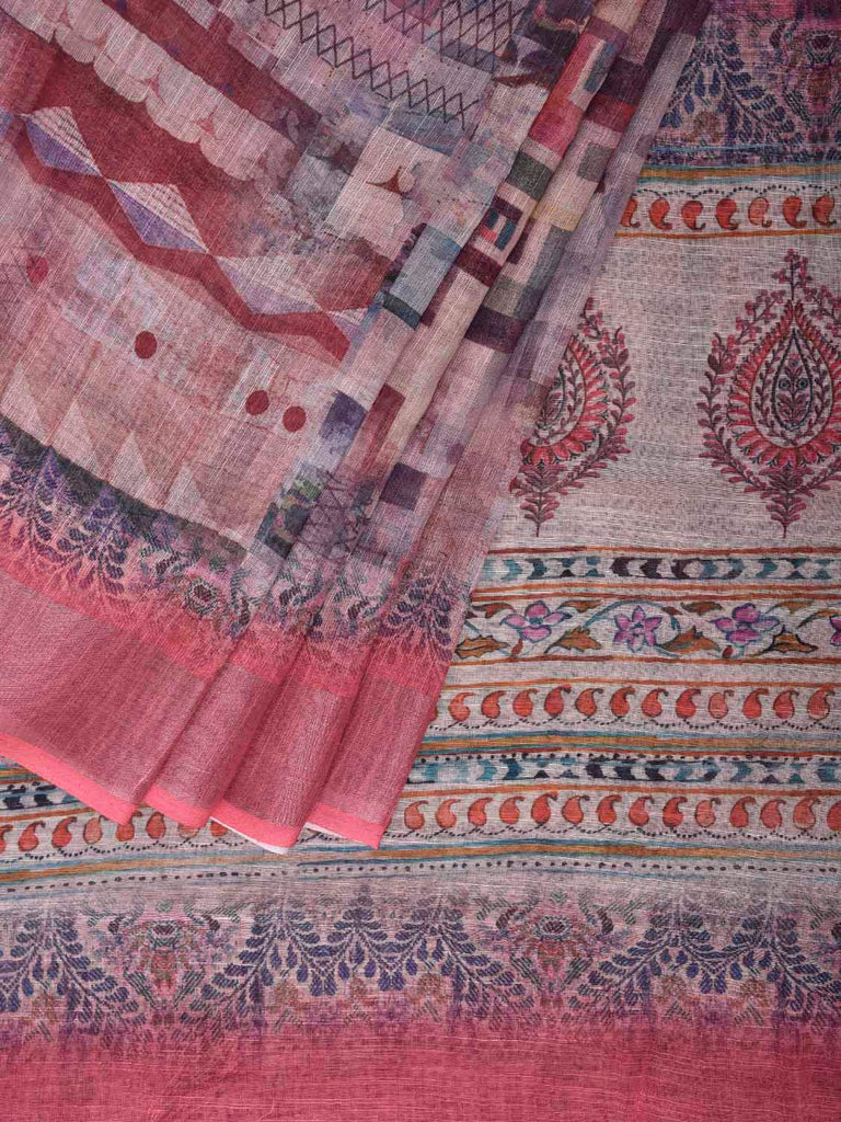 Multicolor Digital Print Linen Blend Saree with Abstract and Pallu Design o0747