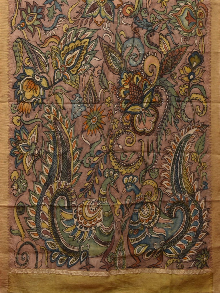 Multicolor Kalamkari Hand Painted Cotton Silk Handloom Saree With Exotic Floral and Peacocks Pallu Design KL0765