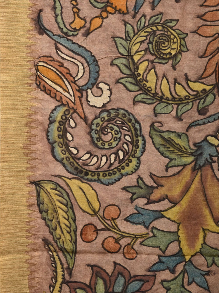 Multicolor Kalamkari Hand Painted Cotton Silk Handloom Saree With Exotic Floral and Peacocks Pallu Design KL0765