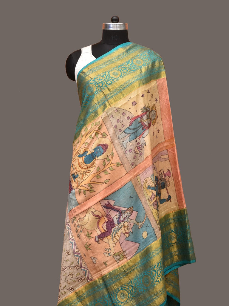 Multicolor Kalamkari Hand Painted Kanchipuram Silk Handloom Dupatta with Dashavatar Design ds3245