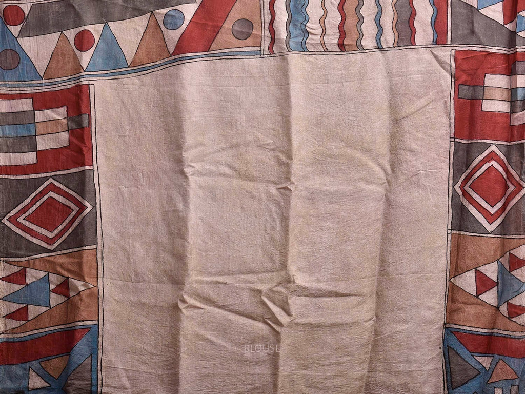 Multicolor Kalamkari Hand Painted Sico Saree with All Over Geometric Design KL0851