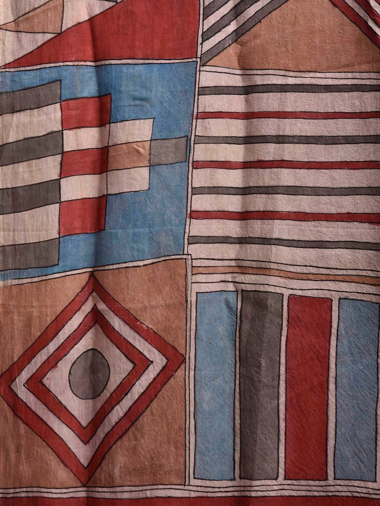 Multicolor Kalamkari Hand Painted Sico Saree with All Over Geometric Design KL0851