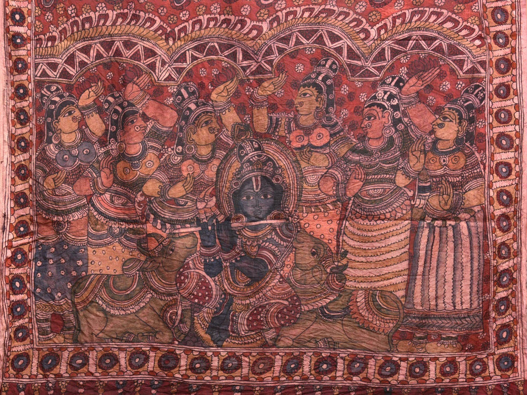 Multicolor Kalamkari Hand Painted Silk Handloom Saree with Krishna Design KL0777