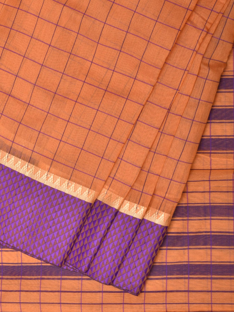 Mustard and Purple Bamboo Cotton Saree with Big Checks Design No Blouse bc0257