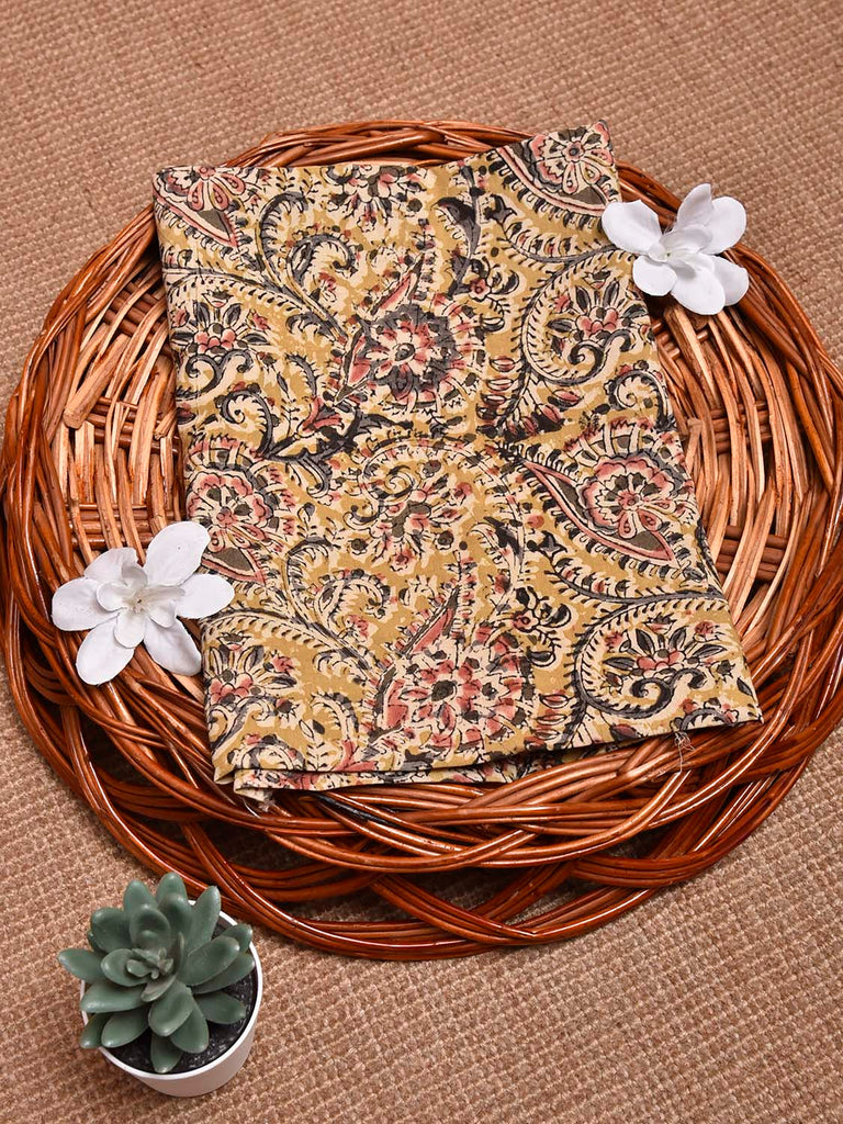 Mustard Kalamkari Block Print Cotton Blouse with Floral Design 1.2mt Length 35 Inches Width BL0070