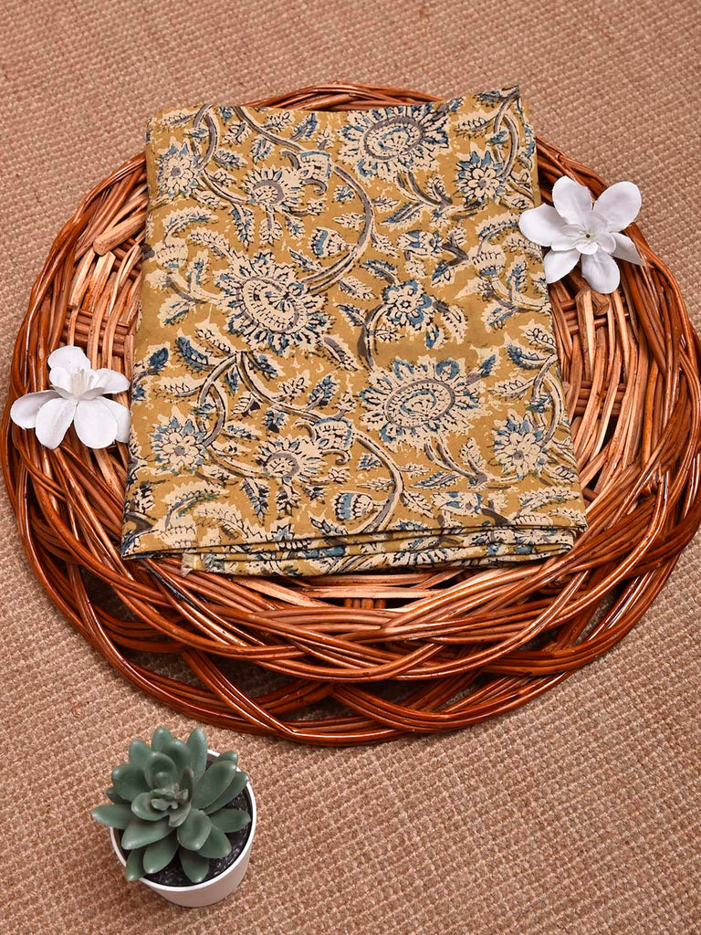 Mustard Kalamkari Block Print Cotton Blouse with Floral Design 1.2mt Length 35 Inches Width BL0077