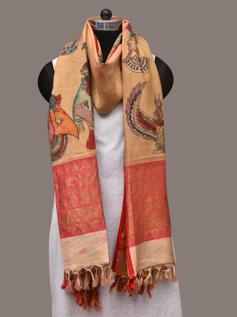 Mustard Kalamkari Hand Painted Kanchipuram Silk Handloom Dupatta with Egyptian Design ds3422