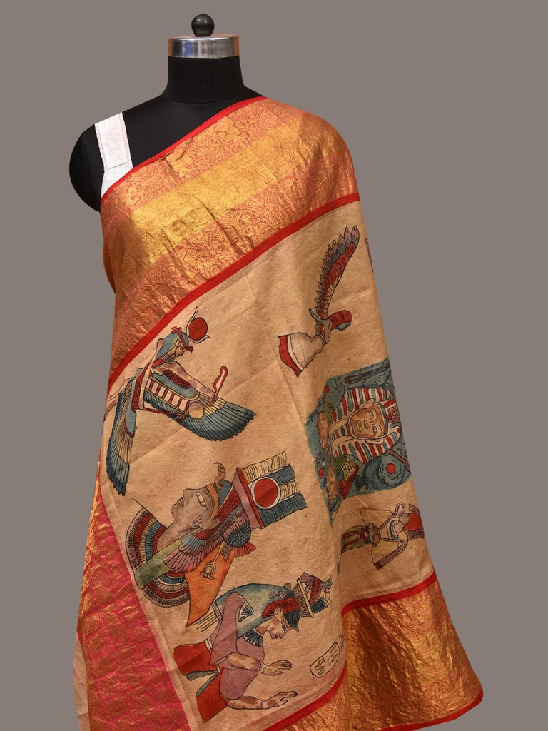 Mustard Kalamkari Hand Painted Kanchipuram Silk Handloom Dupatta with Egyptian Design ds3422