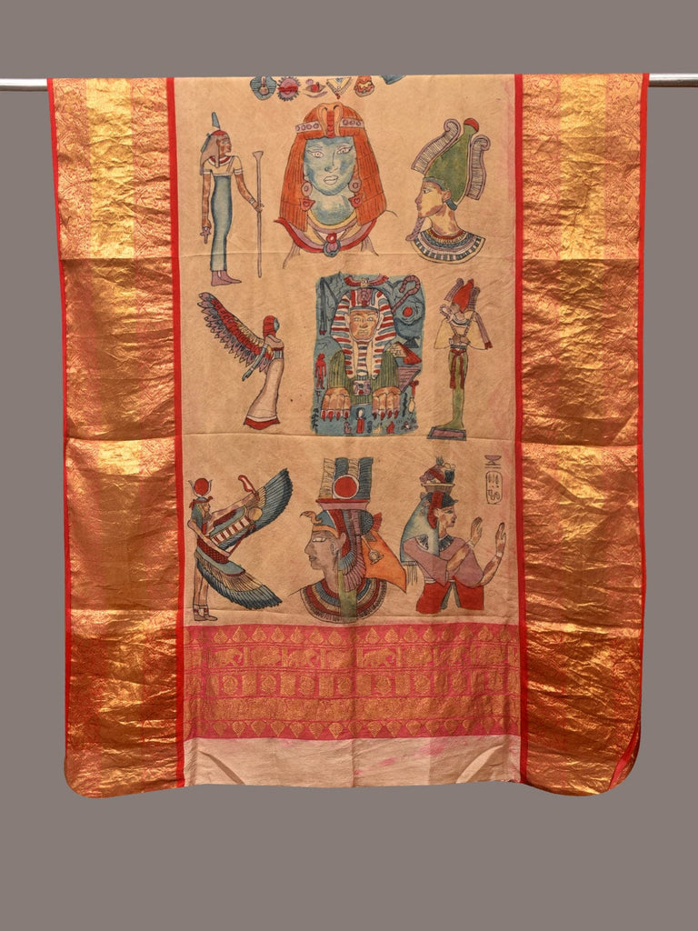 Mustard Kalamkari Hand Painted Kanchipuram Silk Handloom Dupatta with Egyptian Design ds3422