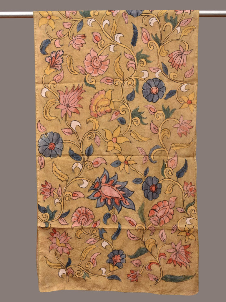 Mustard Kalamkari Hand Painted Sico Stole with Floral and Birds Design ds3383