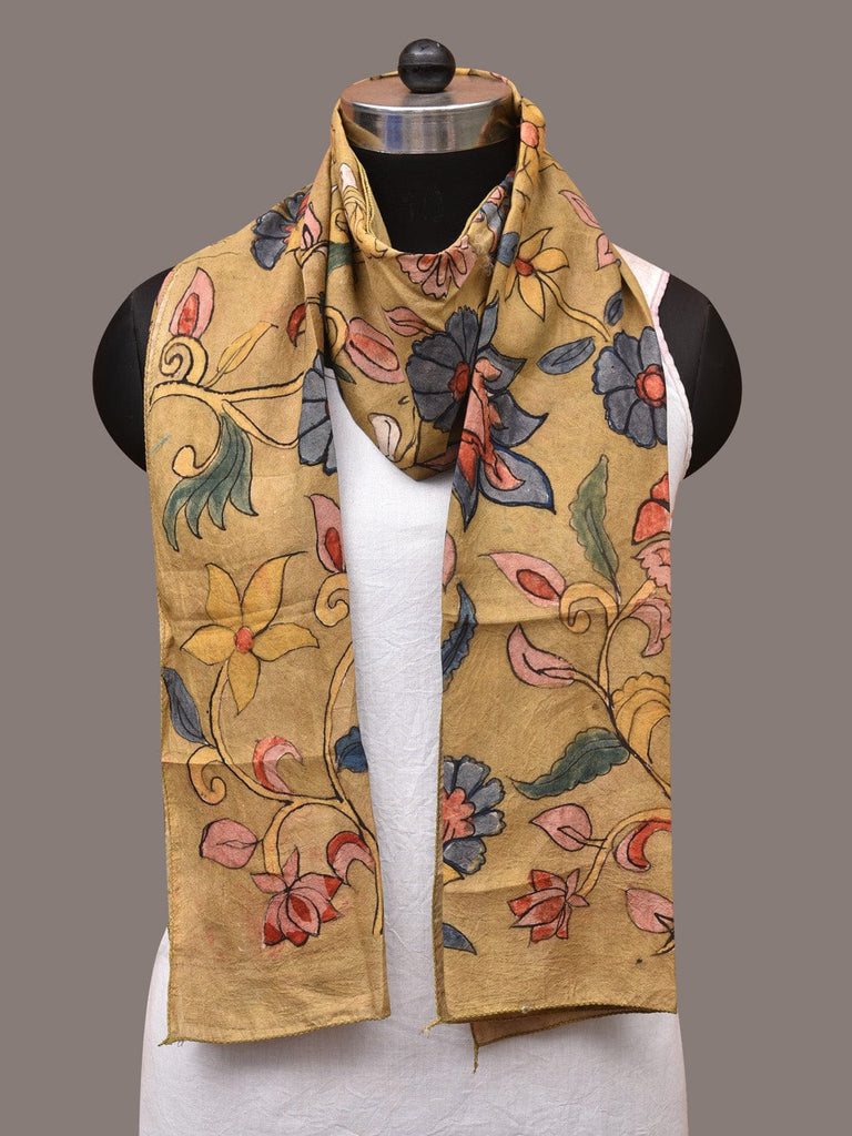 Mustard Kalamkari Hand Painted Sico Stole with Floral and Birds Design ds3383
