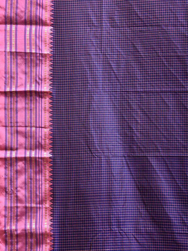 Navy and Baby Pink Narayanpet Silk Saree with Checks and Contrast Pallu Design np1326