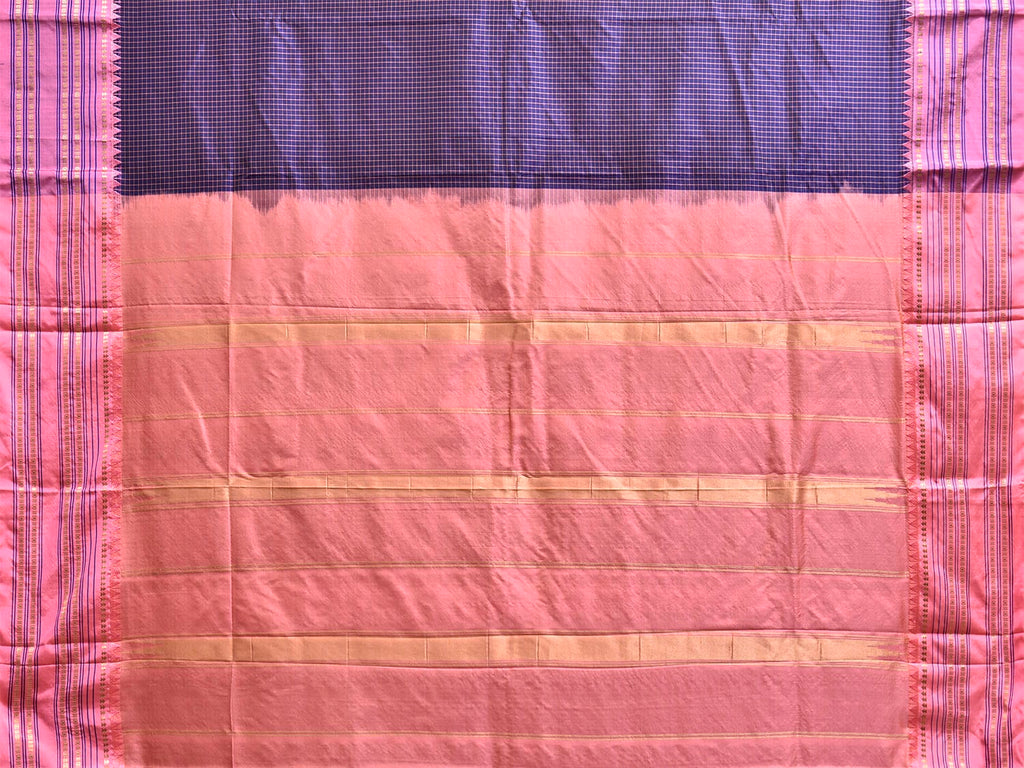 Navy and Baby Pink Narayanpet Silk Saree with Checks and Contrast Pallu Design np1326