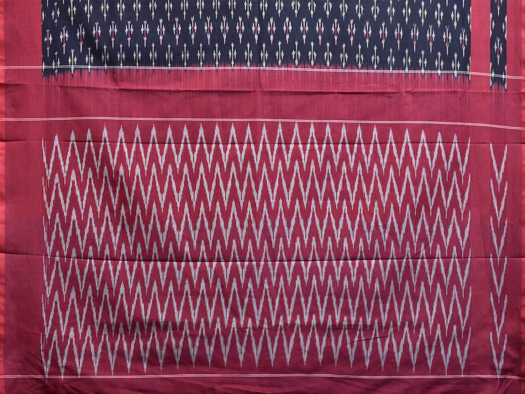 Navy and Dark Red Pochampally Ikat Cotton Handloom Saree with Zig-Zag Pallu Design No Blouse i0965