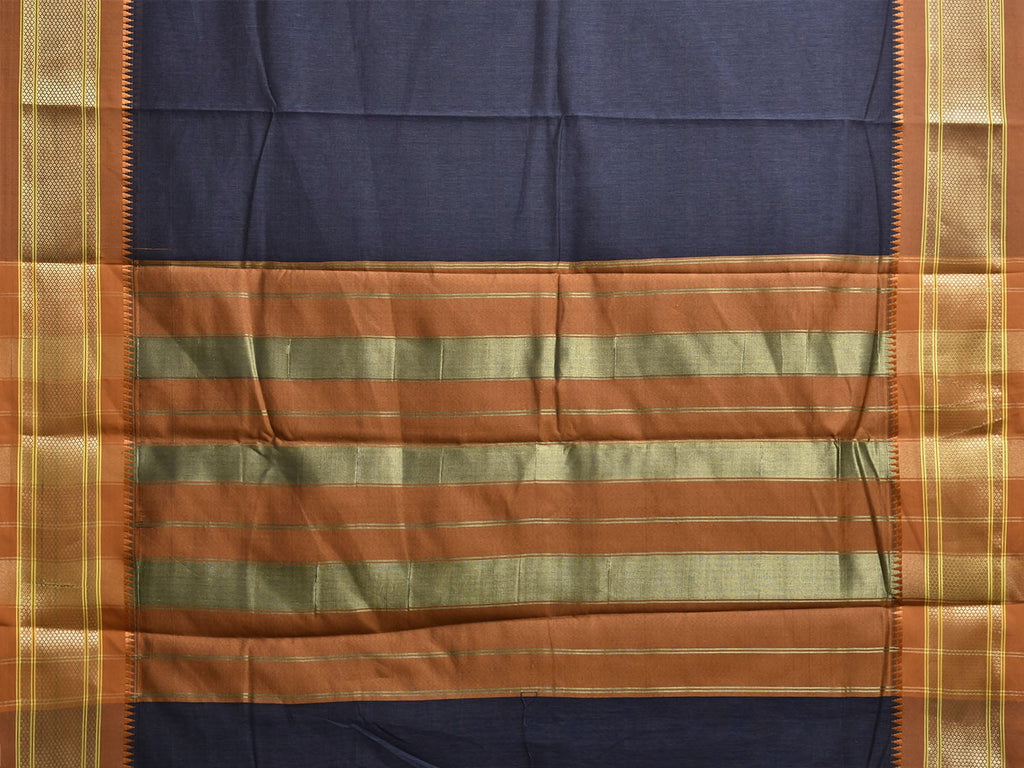 Navy and Fawn Bamboo Cotton Plain Saree with Contrast Pallu Design No Blouse bc0814