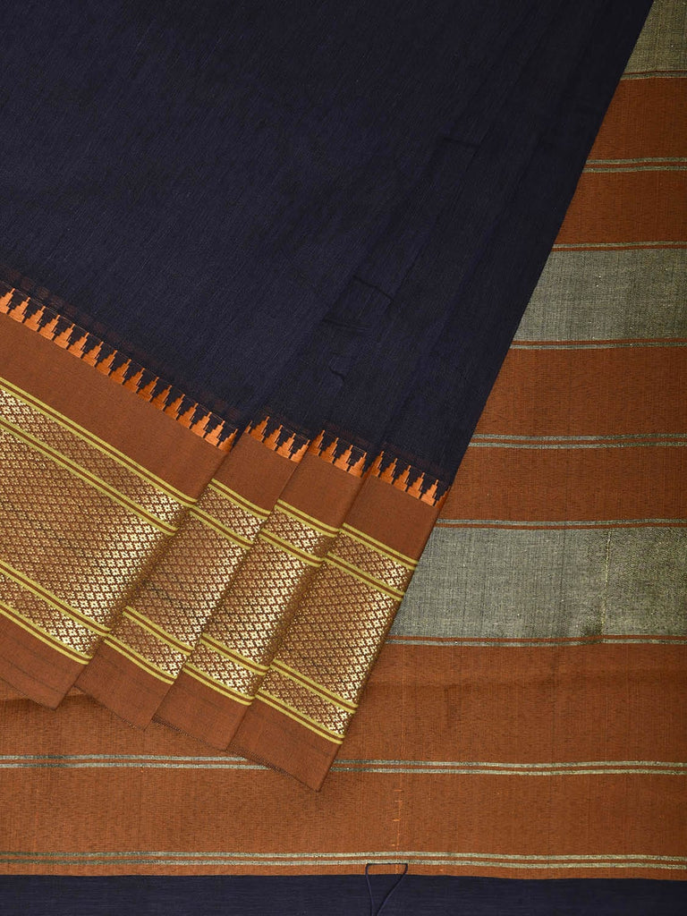 Navy and Fawn Bamboo Cotton Plain Saree with Contrast Pallu Design No Blouse bc0814