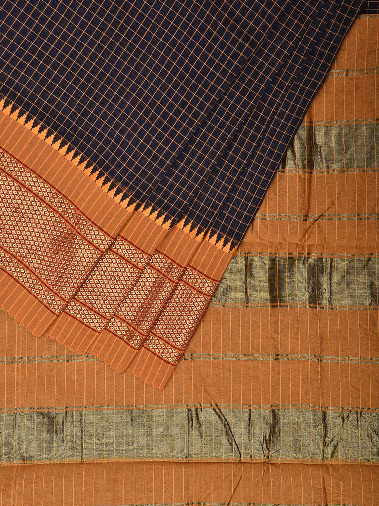 Navy Blue and Mustard Bamboo Cotton Saree with Checks Design and Narali Border No Blouse bc0557