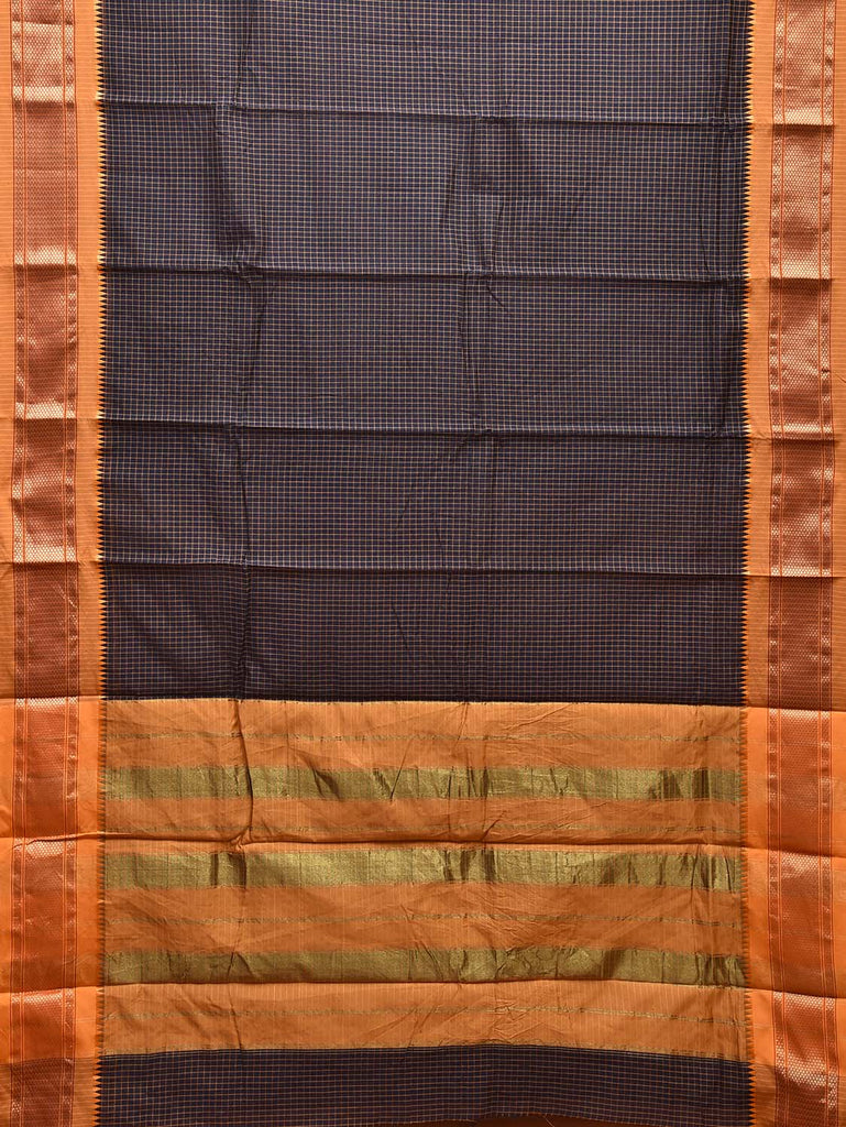 Navy Blue and Mustard Bamboo Cotton Saree with Checks Design and Narali Border No Blouse bc0557