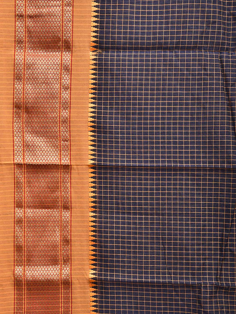 Navy Blue and Mustard Bamboo Cotton Saree with Checks Design and Narali Border No Blouse bc0557