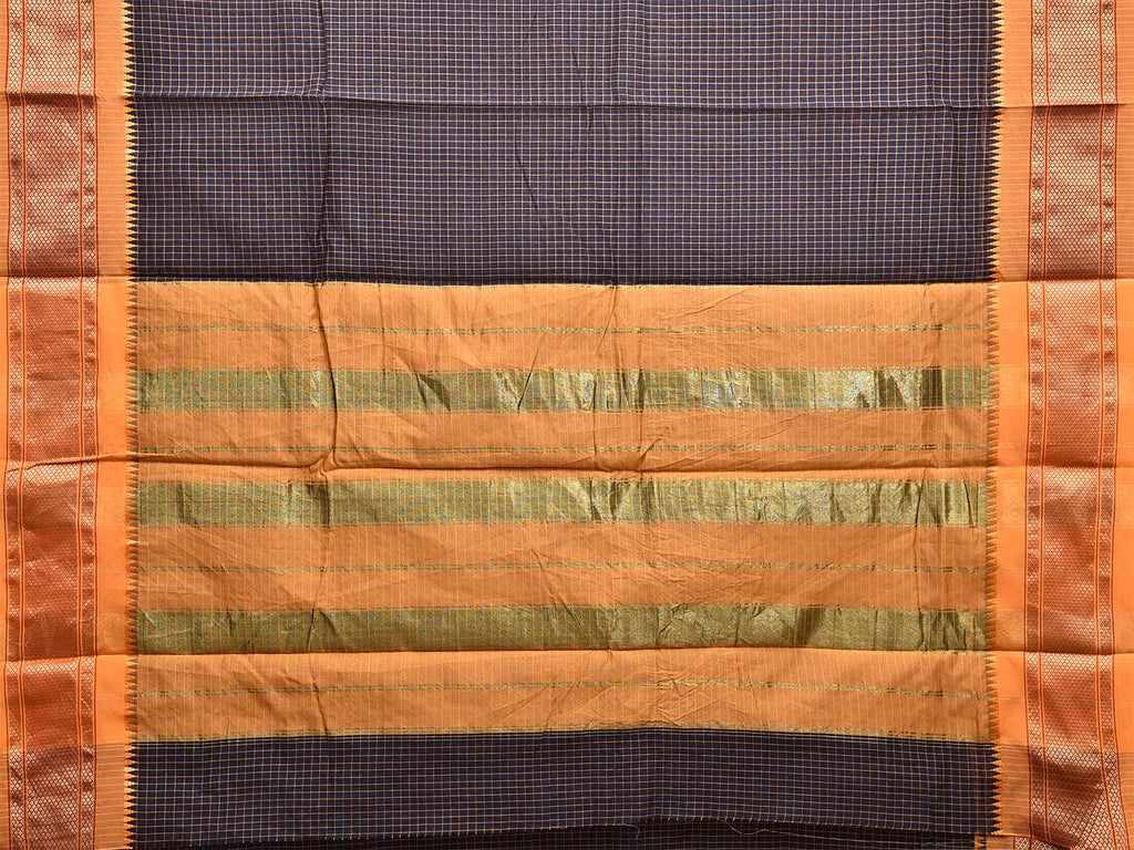 Navy Blue and Mustard Bamboo Cotton Saree with Checks Design and Narali Border No Blouse bc0557