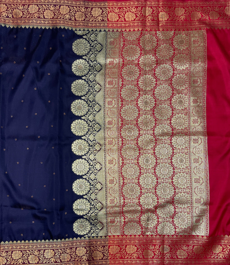 Navy Blue And Red Katan Banarasi Saree with Silver Zari Floral Weaving And Grand Pallu B0612ds