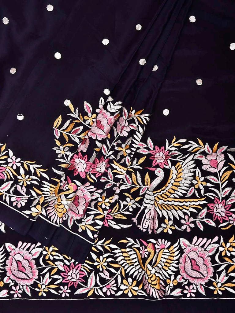 Navy Parsigara Crepe Saree with Birds Pallu and Border Design o0744