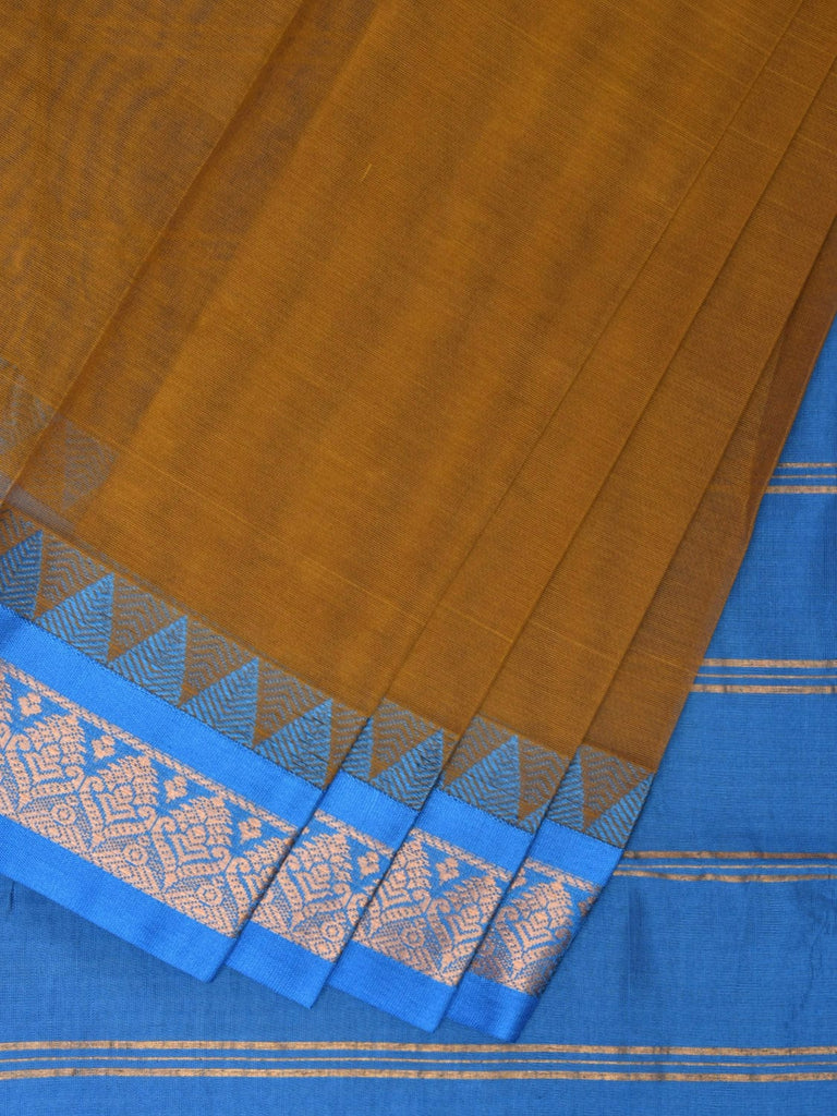 Olive and Blue Gadwal Cotton Handloom Plain Saree with Strips Pallu Design No Blouse g0373