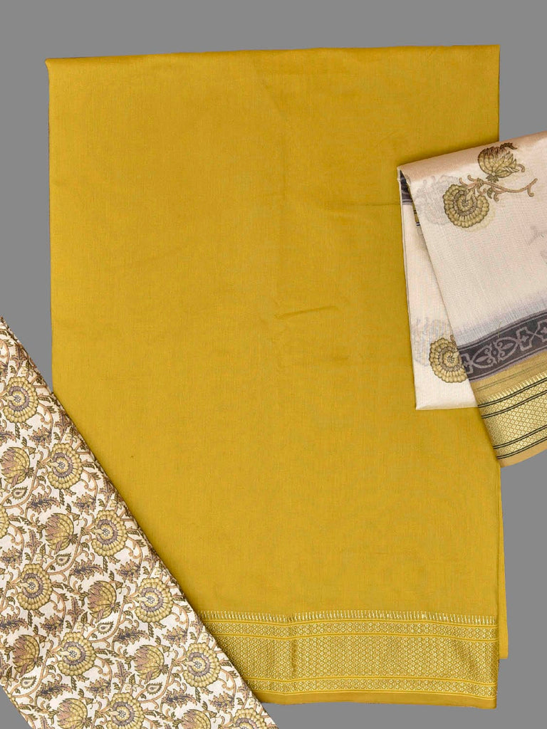 Olive and Cream Bamboo Cotton Dress Material with Plain Top and Floral Dupatta Bottom Design dm0084