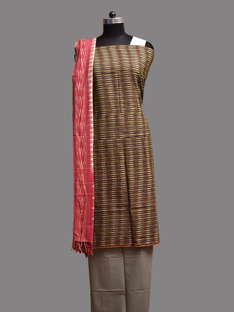 Olive and Grey Pochampally Ikat Cotton Handloom Dress Material with Top Bottom and Kalamkari Block Print Dupatta dm0098