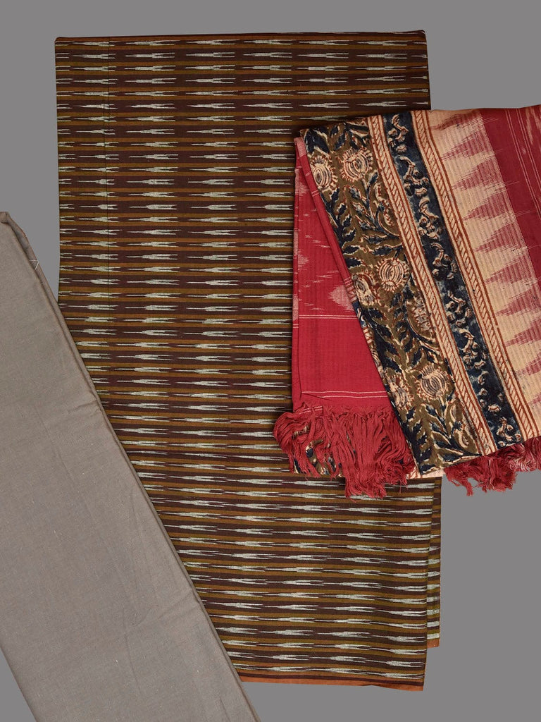 Olive and Grey Pochampally Ikat Cotton Handloom Dress Material with Top Bottom and Kalamkari Block Print Dupatta dm0098