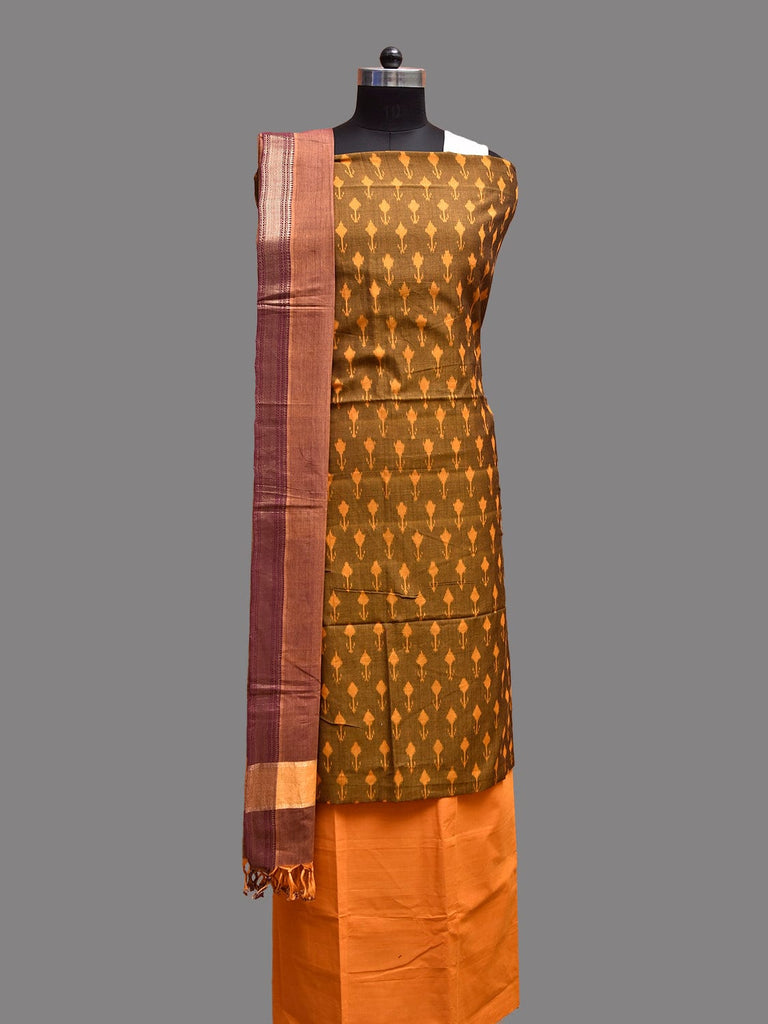 Olive and Light Orange Pochampally Ikat Cotton Handloom Dress Material with Top Bottom and Mangalgiri Dupatta dm0093
