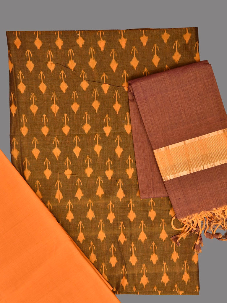 Olive and Light Orange Pochampally Ikat Cotton Handloom Dress Material with Top Bottom and Mangalgiri Dupatta dm0093