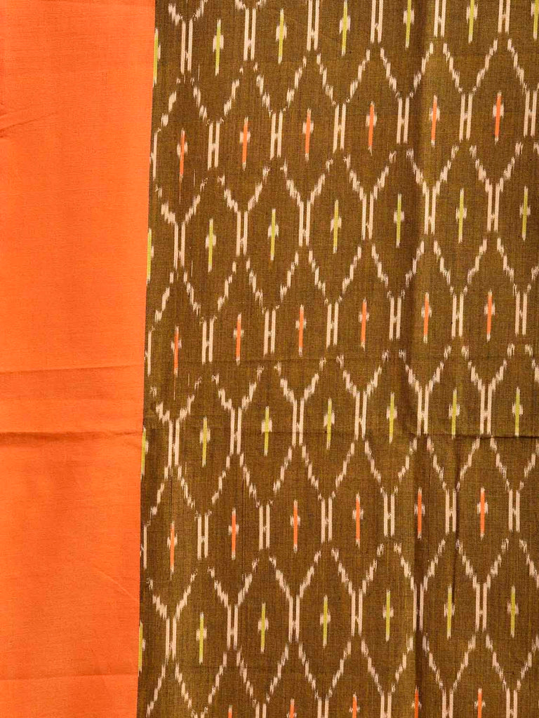 Olive and Orange Pochampally Ikat Cotton Handloom Saree with Grill Body Design No Blouse i0985