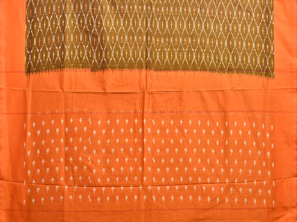 Olive and Orange Pochampally Ikat Cotton Handloom Saree with Grill Body Design No Blouse i0985
