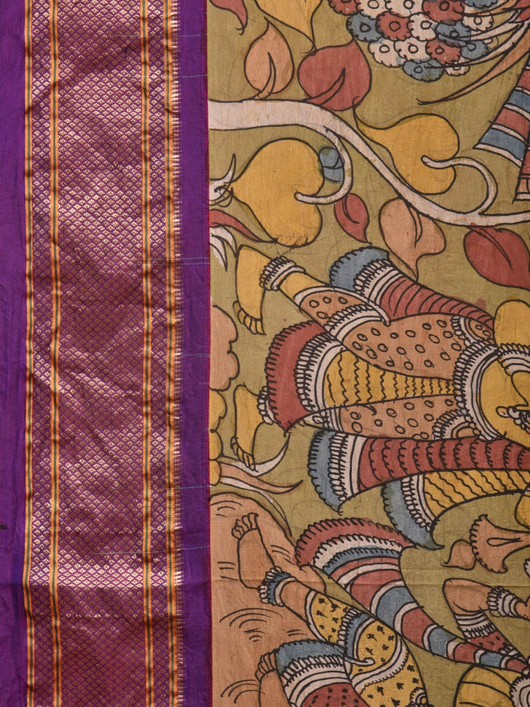 Olive and Purple Kalamkari Hand Painted Paithani Silk Handloom Saree with Ramayan Theme Design KL0757