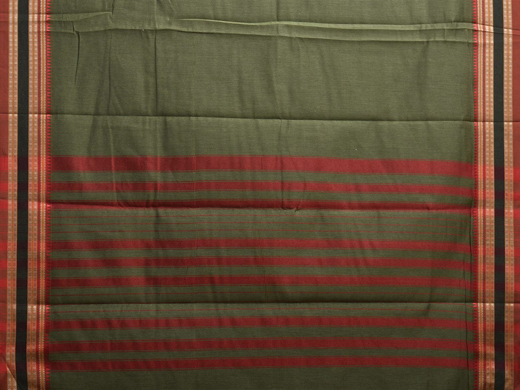 Olive and Red Bamboo Cotton Plain Saree with Strips Pallu Design No Blouse bc0871